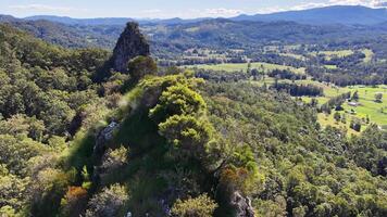 Drone footage captures the lush greenery and rugged terrain of Nimbin Rocks under bright daylight video