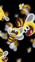 Cheerful cartoon bees buzz across a black background, creating a lively and dynamic visual experience video