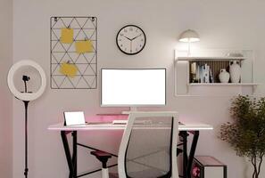 Minimalist streaming room with modern decor and functional workspace. 3D render illustration photo