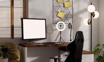 Cozy streaming room setup with modern design and functional decor. 3D render illustration photo