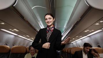 Smiling flight attendant, in uniform welcomes and guides passengers aboard a modern airplane. photo