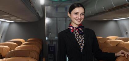 A friendly flight attendant stand confidently inside an airplane cabin. photo