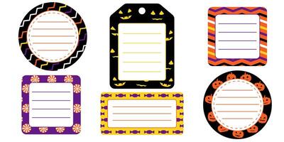 Set of stickers and labels with bats, spiders, whitch hat in orange, purple, yellow and black colors. Halloween themed labels. Round, square and rectangle halloween labels vector