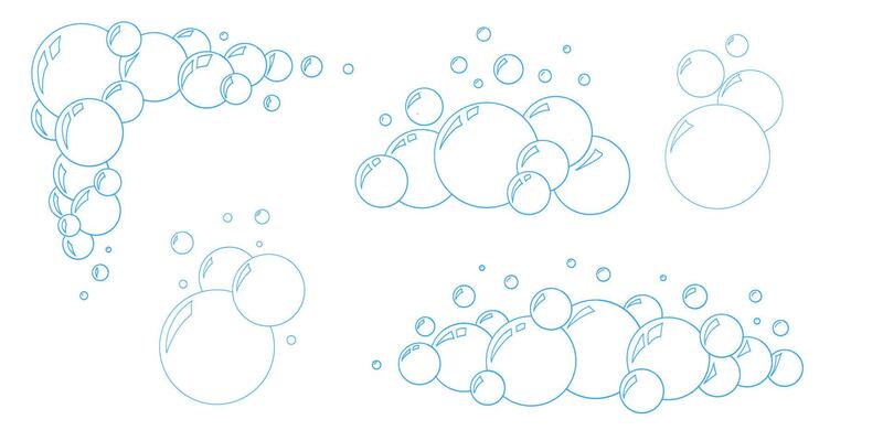 doodle soap bubbles outline set. Hand drawn water bubbles with sparkle reflections. Blue soda bubble sketch collection isolated on white. Clean design for kids, bath, detergent themes.
