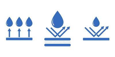 waterproof and anti-corrosion icon pack. Water drop with arrows and protection layers. Weatherproof and resistant design elements for materials, fabrics, coating or tech specs. vector