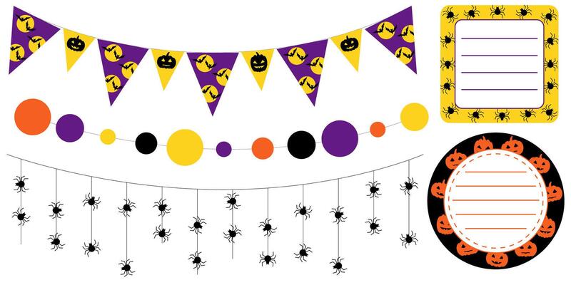 Halloween party decoration elements with garlands and stickers in purple yellow orange and black. Round and square labels with seasonal themes for spooky packaging and creative projects.