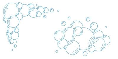 line art bubbles collection. Soapy water bubbles with doodle sparkles. Clean outline design for bath product label, laundry detergent, or childrens hygiene illustration themes. vector