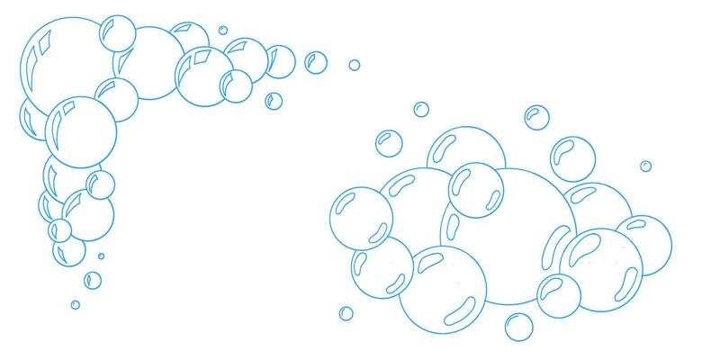 line art bubbles collection. Soapy water bubbles with doodle sparkles. Clean outline design for bath product label, laundry detergent, or childrens hygiene illustration themes.