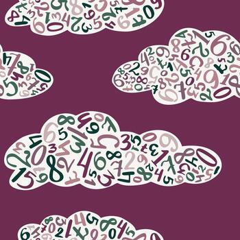 Seamless Pattern with Handwritten Numbers Inside White Clouds on Deep Plum Backgroun vector