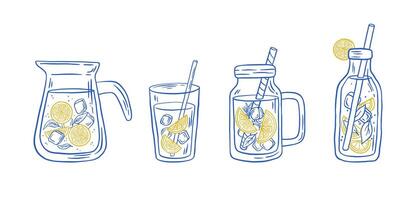 Set of home made lemonade with ice in glasses illustration. Summer Italian fresh drink. vector