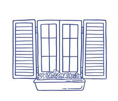 Hand draw vintage windows with open shutters and flower pots on sill illustration vector