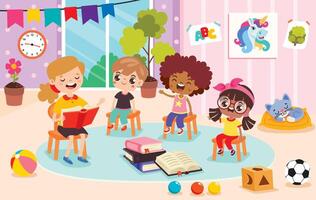 Kids reading and enjoying a colorful classroom vector