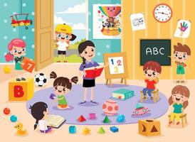 Children playing and learning in classroom vector