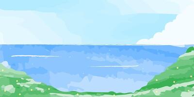 watercolor landscape with green hill, blue ocean, and clear sky vector