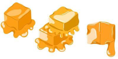Set of caramel elements, smooth melting caramel and stacked of melting caramel, rich dessert topping concept in flat illustration vector