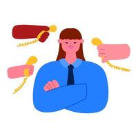 businesswoman with crossed arms while multiple hands offer corded desk phones, workplace pressure and communication overload or customer service concept vector