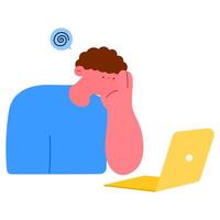 Man with headache sitting near a laptop, stress and fatigue from work flat illustration vector