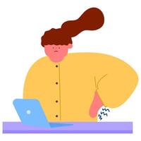 female office worker suffering from lower back pain while working at desk, office syndrome and back pain from long hours of work, flat illustration vector