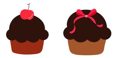 Set of chocolate muffin with cherry topping and ribbon bow decoration, sweet dessert and bakery vector