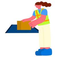 female warehouse worker in safety vest loading parcels onto conveyor belt in e-commerce logistics sorting facility vector