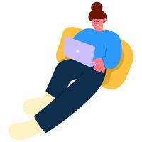 woman sitting on cushion with laptop and pencil in mouth, creative thinking and remote work concept vector