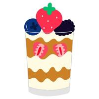 Yogurt in glass cup with grains, fresh strawberry, blueberry, and raspberry topping, a healthy breakfast and dessert flat illustration vector