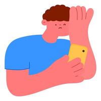 man touching his forehead and holding smartphone, feeling stressed or unwell vector