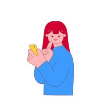 woman holding smartphone and touching chin thoughtfully vector
