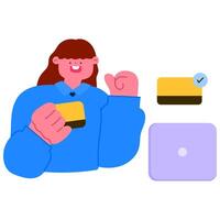 Happy businessman holding a credit card and celebrating with a fist pump, symbolizing successful online transaction vector