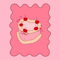vintage cake topped with cherry and ribbon bow, retro dessert poster for bakery and patisserie branding vector