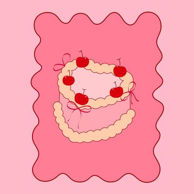 vintage cake topped with cherry and ribbon bow, retro dessert poster for bakery and patisserie branding