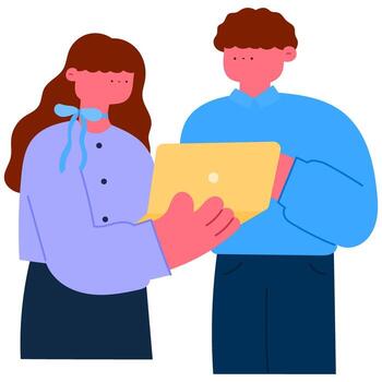 team of colleagues analyzing data on laptop and brainstorming ideas for project collaboration flat illustration vector