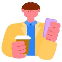 Businessman in formal suit using smartphone for social media during coffee break, digital lifestyle and work-life balance concept illustration vector