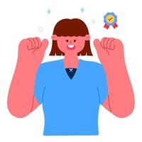 happy woman celebrating success with a fist pump and gold medal ribbon icon, achievement, reward, winner mindset, personal growth, motivation, and goal accomplishment concept vector
