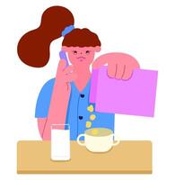 woman pouring cereal into bowl while using smartphone, modern morning routine and lifestyle concept vector