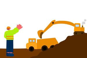 civil engineer on construction site monitoring excavator loading sand into industrial truck construction management and heavy equipment operation concept vector