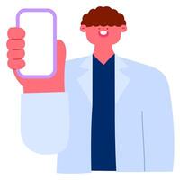 Smiling doctor holding a smartphone with a blank screen, healthcare technology concept vector