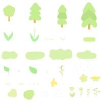 pastel green nature elements including trees, clouds, birds, and grass vector