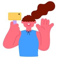 smiling woman holding a phone and waving at the camera for social media greeting, influencer content creation, and live streaming, flat illustration vector