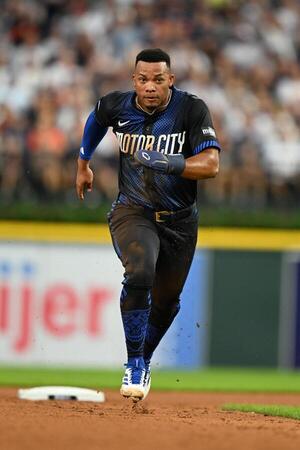 Detroit Tigers right fielder Wenceel Pérez (46) runs to third base after a the throw to try and catch him stealing second base went into center field  against the Seattle Mariners in the sixth inning at Comerica Park. editorial_image