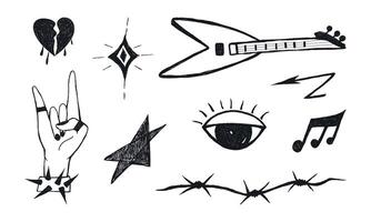 Grunge punk rock music set. Doodle grafitti elements, tattoo crayon sketch, guitar, rebellious icons, heart, barbed wire, star, scribbles, Human hand gesture, Y2k shapes. Isolated illustration vector