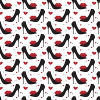 Glamorous seamless pattern of black high heels with lips and hearts. Shoes and kiss pattern vector