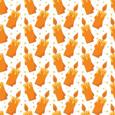 Repeating background of orange candles, flames, and cozy light. Seamless pattern with candles