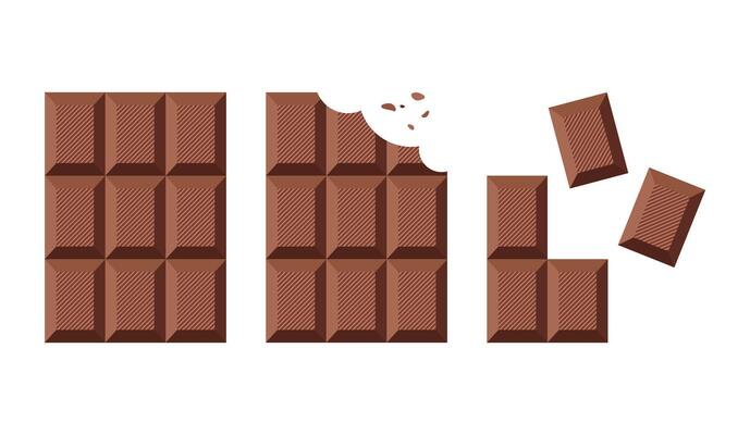 Chocolate bar icon on white background. Whole chocolate, bitten chocolate, chocolate pieces.