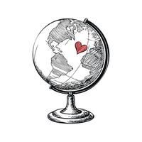 A vintage globe with a red heart drawn on the Americas. The globe is detailed with continents and oceans, resting on a classic stand. vector