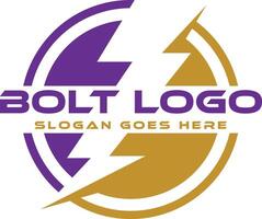 Bold round emblem logo features a dynamic lightning bolt to represent power speed and energy vector