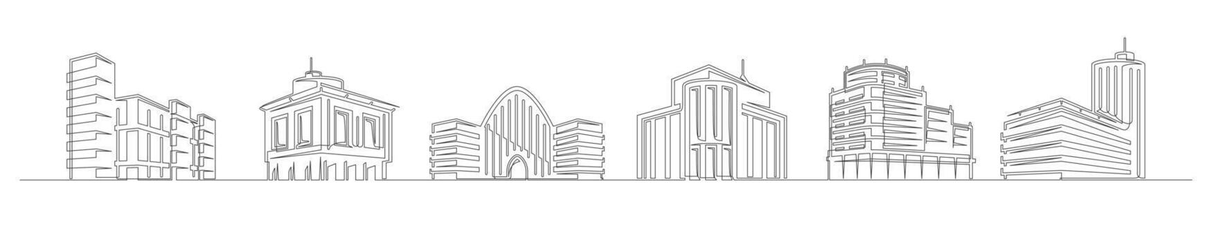 Continuous one line drawing building set vector