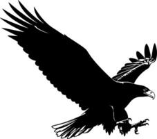 A powerful black eagle silhouette in a dynamic landing or hunting pose. vector
