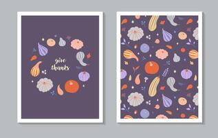 Colorful pumpkins and gourds on purple background vector