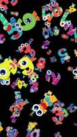 Vibrant numbers with monster faces move dynamically against a black background, creating a lively and whimsical atmosphere video
